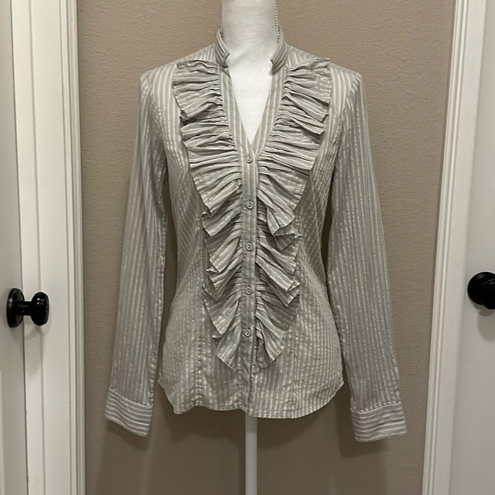 The Limited women’s ruffle trim grey & white long sleeve blouse ~ Small